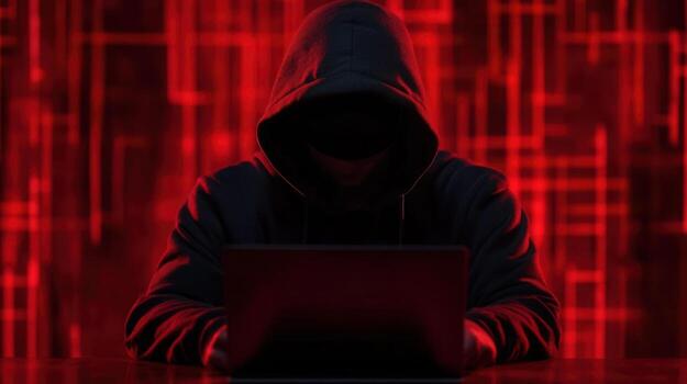 Hooded hacker digital on laptop in shadowy workspace, representing cybersecurity threat and typing privacy breach cyber risk photo