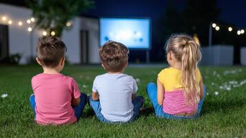Children Kids watching movie together on backyard grass during nighttime home Movie screening cinema photo