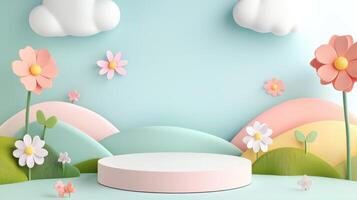 3d of with spring themed product display podium vibrant blooming trees, flowers, and cartoon clouds, creating a a and cheerful atmosphere pastel background photo