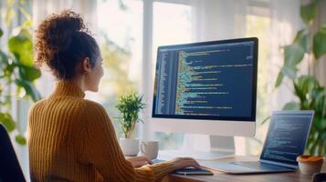 sunlit developer working on desktop computer, surrounded by lush houseplants in Woman home workspace office with modern design photo
