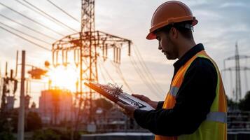 Electrical engineer checking power substation blueprints, golden sunset illuminating technical infrastructure and grid planning photo