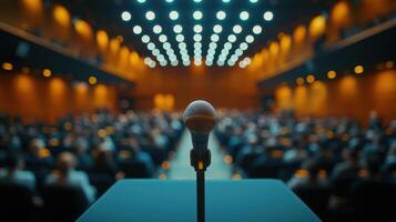 Professional microphone standing on podium, conference hall blurred behind, ready for keynote presentation photo