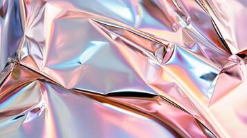 Abstract Crumpled holographic foil generating iridescent, shimmering vibrant with dynamic metallic colors reflecting light in surface abstract pattern background, 4K photo