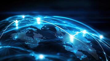 Bright lines connecting continents on digital world map illustrating global data exchange and international communication photo
