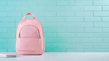 back to School accessories scattered on white turquoise near surface wall, featuring pink backpack, colored pencils, notebooks, readying for academic year, 4K photo