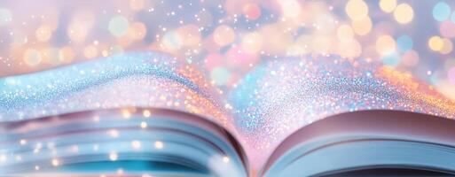 An open book pages covered with in sparkling, colorful dust, evoking a sense of magic photo