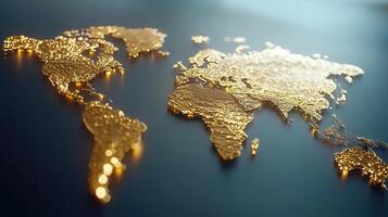 Golden world map crafted from metallic , symbolizing international connections and data flow global commerce and economic networks photo