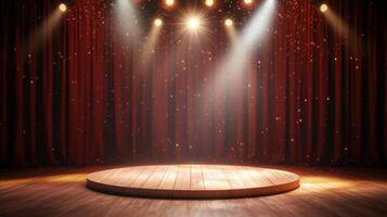 Wooden empty podium stage bathed in bright spotlights, red curtain backdrop, glittering particles dancing, evoking theatrical enchantment photo