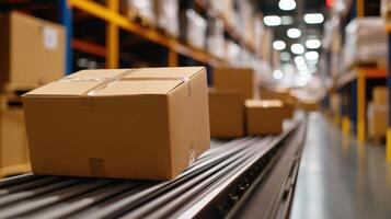 Closeup of multiple cardboard box packages seamlessly moving along conveyor belt in warehouse fulfillment center, a snapshot of e-commerce, delivery, automation, and products logistic center photo