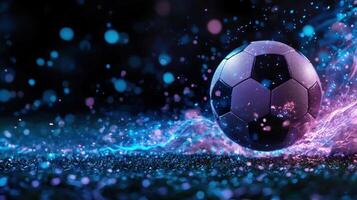 Classic football soccer ball illuminated themes vibrant blue and pink neon lights on a gradient background, perfect for sports and recreation copy by space for text photo