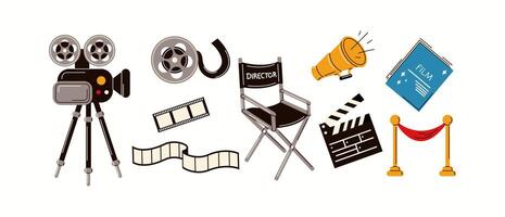 Illustration featuring essential filmmaking tools including a vintage camera, directors chair, megaphone, film reel, and script, drawn in a modern style. vector