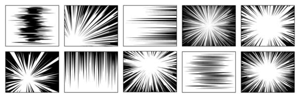 Set of ten images displaying dynamic speed lines typically used in comics to convey motion and impact. Each illustration features varying directions, thicknesses, and intensities of lines. vector