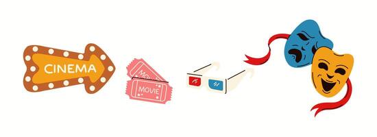 Illustration of a collection of cinema-themed movie icons, including a marquee sign, theater masks, 3D glasses, and snacks, designed in a fun and dynamic style. vector