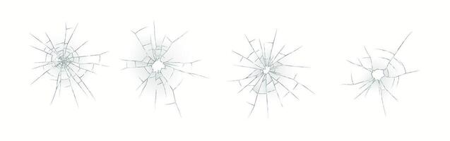 Four illustrations depicting realistic and detailed cracked glass textures on a white background. The cracks radiate from central impact points, creating intricate patterns. vector