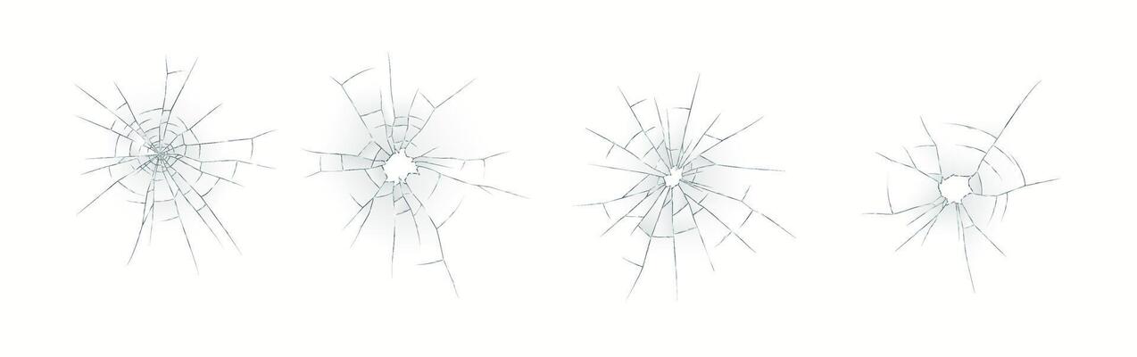 Four illustrations depicting realistic and detailed cracked glass textures on a white background. The cracks radiate from central impact points, creating intricate patterns.