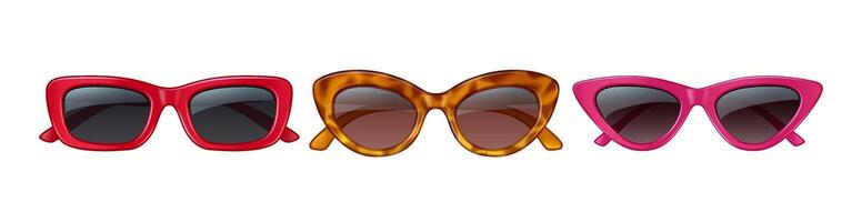 Three pairs of stylish sunglasses with distinct colorful frames, ranging from bold red to patterned brown and vibrant pink, all set against a white background. vector