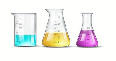 Three laboratory flasks filled with colorful liquids on white background. Displayed liquids include blue in cylindrical beaker, yellow in conical flask, and violet in Erlenmeyer flask. vector