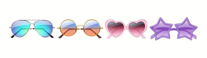 A collection of four unique sunglasses with different frame shapes and colors. Includes classic aviators, round retro, pink heart, and purple starshaped frames, showcasing diverse eyewear fashion. vector