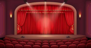 A detailed 3D illustration of a classic theater stage with an arched frame, luxurious red velvet curtains, and elegant wall sconces, creating a refined atmosphere. vector