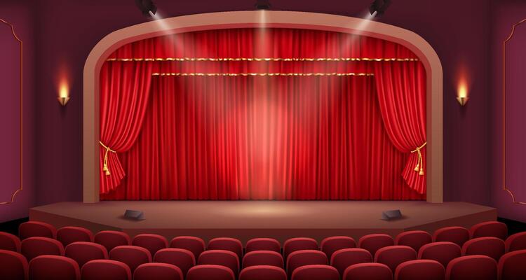 A detailed 3D illustration of a classic theater stage with an arched frame, luxurious red velvet curtains, and elegant wall sconces, creating a refined atmosphere.