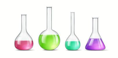 Set of glass laboratory flasks filled with colorful liquids in red, green, turquoise, and purple, isolated on white background. Design for science projects. vector