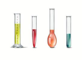 Illustration of different laboratory glassware including test tubes and flasks filled with colorful liquids representing chemical substances in a scientific setting. vector
