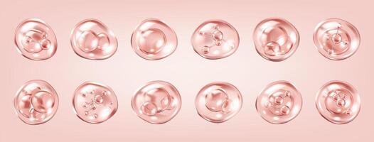 Microscopic view of collagen molecules realistic color icons set. Serum bubbles for skincare cosmetics 3d objects bundle on pink background vector