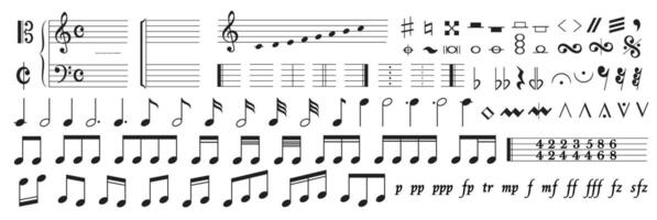 Diverse array of musical notation symbols representing notes, clefs, dynamics, and articulations. Essential for composers and musicians learning to read music. vector