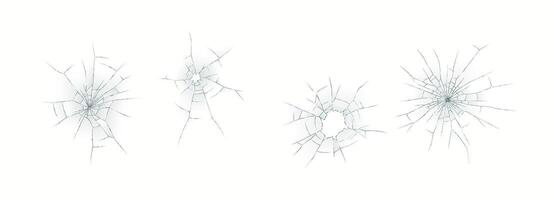 Set of realistic bullet hole cracks on glass surface with fine details and transparency on white background. Ideal for design projects and digital mockups. vector