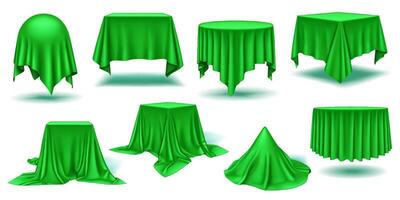 Green silk drapes over tables realistic color icons set. Hinting at hidden objects and sense of anticipation 3d design bundle on white vector
