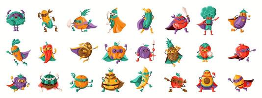 A huge set of different superhero fruits and vegetables in colorful costumes and capes. Playful, dynamic characters perfect for branding, childrens books, and creative design. vector