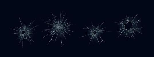 illustration showcasing four realistic bullet holes in a sheet of glass. The cracks radiate from each impact point creating a shattered appearance against a dark background. vector