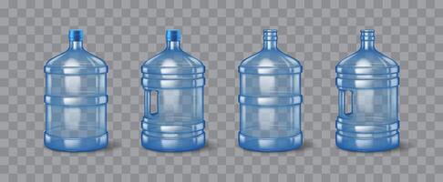 A collection of four large blue water bottles arranged in a row against a background showcasing different views and designs. Ideal for product display or packaging design. vector