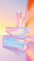 Glass cube stage colors with holographic, iridescent against glowing soft pastel geometric. Vertical format background photo