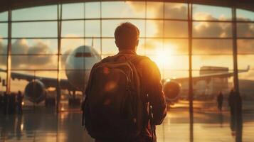 Young tourist man walking through a terminal, airport off carrying a backpack, eagerly heading bustling on an exciting trip travel blur background photo