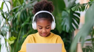 Happy young girl student wear headphone watch home listen online course communicate by conference call e learn language in app laugh study with teacher lesson look at laptop at webinar photo