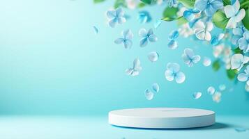 Soft blue flower spring Copy featuring white podium, cascading hydrangea blossoms elegantly framing minimalist product display surface background space for text photo