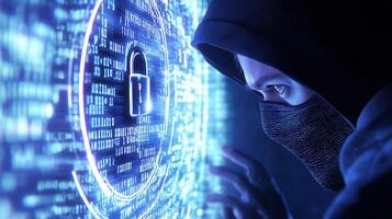 Cybersecurity threat visualization showing hacker masked face wearing illuminated breaching network binary representing data vulnerability holographic padlock by digital codes and protection, numbers photo