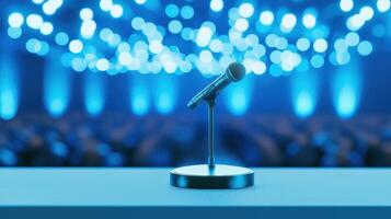 Professional microphone standing on podium, conference hall blurred behind, ready keynote presentation empty rostrum on a stage for a conference photo
