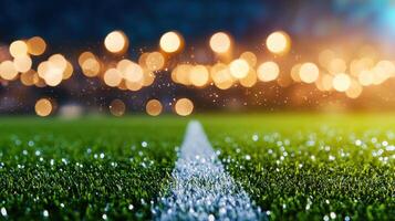 Wet football field sideline closeup with blurred stadium lighting, highlighting glistening grass and dramatic sporting environment copy space for text photo