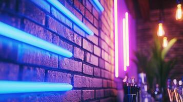 Neon lights tracing architectural, casting vivid purple and blue luminescence along brick wall contours background photo