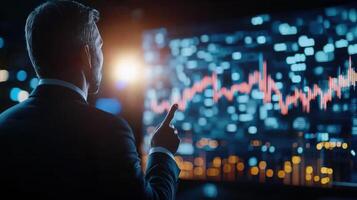 Businessman pointing growing additional market data on a digital screen with futuristic software interface 3D financial market chart screen stock displaying photo