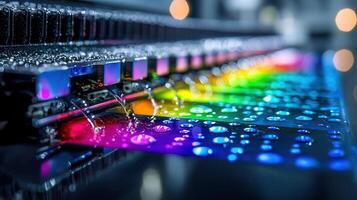 Precision plotter printing heads depositing ink across glossy color chart offset machine press fountain key color offset machine press fountain key color photo