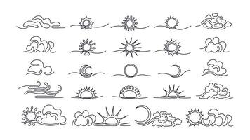 Linear sun, moon, cloud sign. Cloudy weather, sky vector