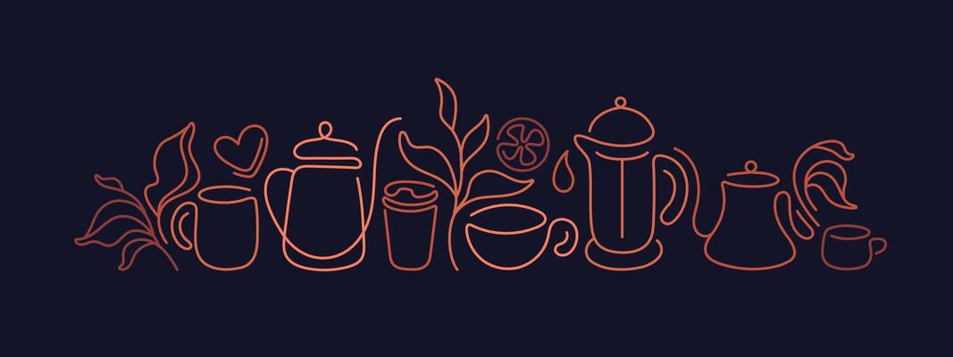 Tea cup, kettle, green leaves. Line golden border