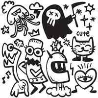 Doodle art featuring whimsical characters like jellyfish, ghost, and cat, showcasing playful designs and vibrant expressions. Perfect for creative projects vector