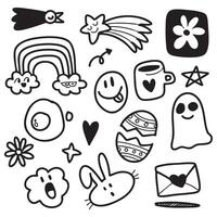 Doodle art featuring whimsical elements like stars, rainbows, and cute characters, evoking playful and cheerful vibe. Perfect for creative projects and fun designs vector