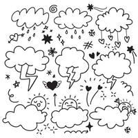 Doodle illustration featuring various clouds, rain, lightning, and sun elements, conveying playful and whimsical atmosphere vector