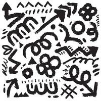 Abstract black and white doodle pattern featuring various shapes, lines, and floral elements, creating dynamic and artistic composition vector