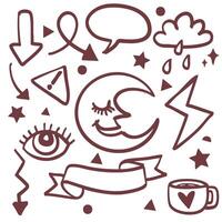 Doodle art featuring whimsical symbols like moon, eye, stars, and arrows, creating playful and creative atmosphere. Perfect for design projects or artistic inspiration vector